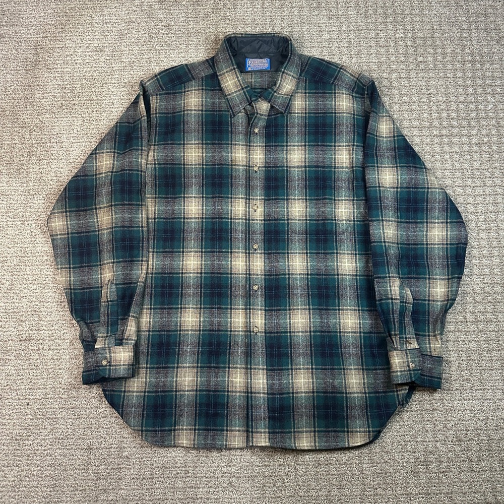 Vintage Pendleton Wool Plaid Shirt Mens XL Green Tan Made in USA Button Down